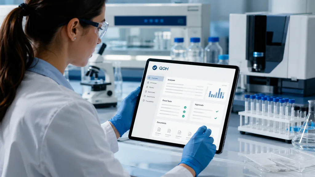 Immagine generata con IA: ricostruzione dimostrativa — tecnico di laboratorio con camice e guanti che consulta su tablet una vista di analisi, panel test e documenti allegati.