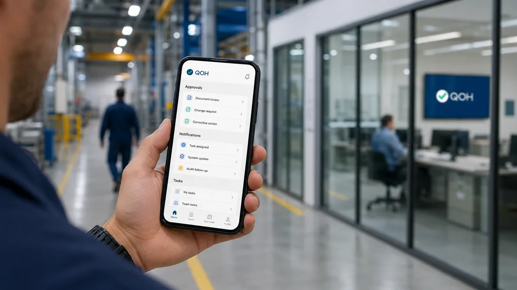 Immagine generata con IA: ricostruzione dimostrativa — persona in ambiente industriale che consulta su smartphone un elenco di approvazioni, notifiche e attività assegnate.