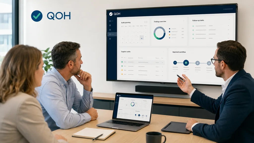 Immagine generata con IA: ricostruzione dimostrativa — team riunito in sala meeting davanti a uno schermo con la pianificazione degli audit, la sintesi dei rilievi e lo stato del workflow di approvazione, replicato su un laptop sul tavolo.