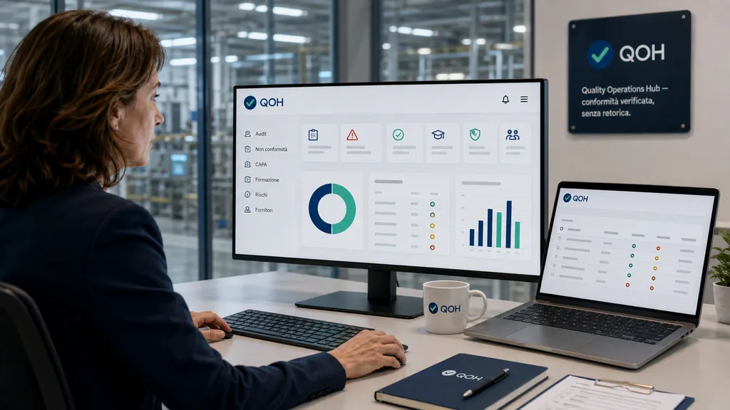 Immagine generata con IA: ricostruzione dimostrativa — responsabile qualità in ufficio davanti a un monitor con la dashboard QOH: moduli Audit, Non Conformità, CAPA, Formazione, Rischi e Fornitori, affiancata da un laptop con lo stesso pannello.