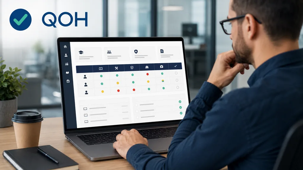 Immagine generata con IA: ricostruzione dimostrativa — persona al computer davanti a una matrice delle competenze del personale, con indicatori a semaforo per formazione, sicurezza e qualifiche di ciascun operatore.