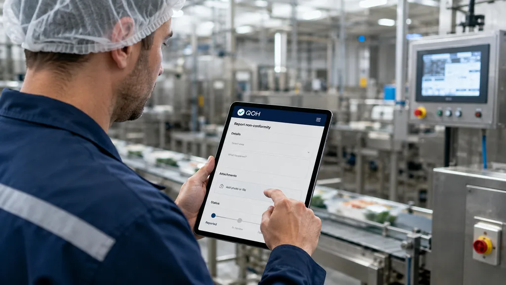 Immagine generata con IA: ricostruzione dimostrativa — operatore in ambiente di produzione che compila su tablet un modulo di segnalazione non conformità, con campi per area, descrizione dell'accaduto e allegati.