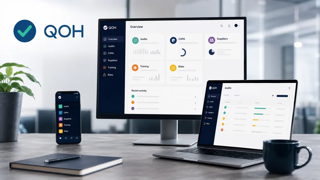 Immagine generata con IA: ricostruzione dimostrativa — postazione di lavoro con monitor, laptop e smartphone che mostrano la stessa piattaforma in versione desktop e mobile, con le sezioni principali del sistema.