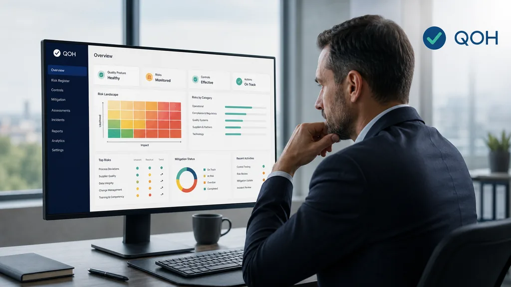 Immagine generata con IA: ricostruzione dimostrativa — persona alla scrivania davanti a un monitor con una vista di sintesi su rischi, controlli e stato delle azioni di mitigazione, inclusa una mappa di rischio.